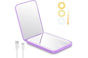 Benbilry Compact Mirror with Light, USB Rechargeable Travel Makeup Mirror with 1X/3X Magnifying & 3 LED Colors, Dimmable Magnetic Closing Memory Folding Pocket Mirror, Gift for Women, Purple