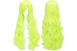 IMISSU 80cm długie kręcone naturalne włosy peruka do cosplay z grzywką kolorowe nakrycia głowy kostium na halloween peruki na przyjęcie dla kobiet (Fluorescencyjny Zielony)