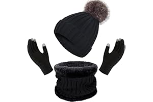 Enwokran Bonnet Echarpe Femme Tricotés Ensemble D'hiver Bonnet écharpe Gants D'écran Tactile 3 en 1 Doublé Polaire épais Bonnet Chaud Ensemble Tricoté Casquettes pour Sports de Plein Air
