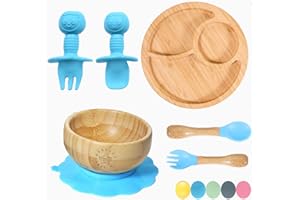 77STAR 77 Star Bamboo Baby Weaning Set, Baby Suction Bowl, Suction Plate Baby, Spoon & Fork, Strong Detachable Suction Base Baby Feeding Set, Non-Slip Bamboo Bowl & Baby Plates with Suction (Blue)