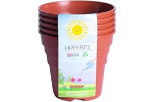 Happy Pots - 10cm Gloss Terracotta - Pack of 5 Premium Plastic Plant Pots - Reusable Flower Pots for Indoor/Outdoor Home Décor Gardening - Round, Heavy Duty, UV Resistant, Recyclable - Made in UK