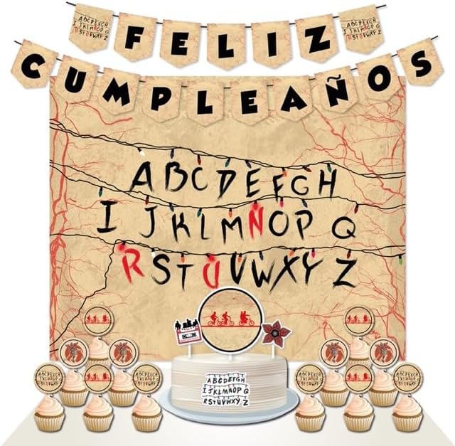 Decoración Cumpleaños StraangerrThinggs - 1 Cartel 100x80cm, 2 Banderines, 1 Cake Topper, 12 Toppers - Diseño para Fiestas Infantiles (Pack 3)