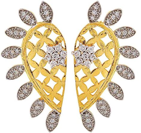 Maayra Wedding Festival Earrings Copper Ear Cuffs Golden Two in One CZ Feathers Jewellery