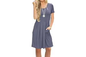 AUSELILY Women's Short Sleeve Pleated Loose Swing Casual Dress with Pockets Knee Length