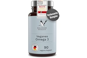 ‎BALANCED VITALITY Veganes Omega 3 hochdosiert - 1500 mg je Tagesdosis mit 450 DHA & 225 EPA aus Algenöl - 90 Kapseln 1 Monat - Omega 3 Algenöl Kapseln mit Markenrohstoff life‘sOMEGA® - Fischfrei - Balanced Vitality