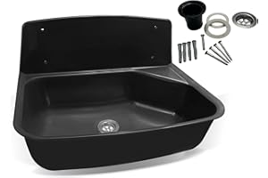 kör4u Ausgussbecken schwarz, aus Kunststoff, 52,6 x 36,7 x 34,2 cm, für Keller, Waschküche, Garten, Spülbecken, inkl. Ablaufgarnitur (Ausgussbecken schwarz)
