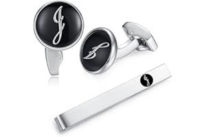 HONEY BEAR Carta Inicial Alfabeto Gemelos & Clip Pasador de Corbata Pisacorbatas - Acero Inoxidable para la Camisa de los Hombres Regalo de Boda del Negocio (Negro) (J)