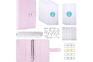 TOMONEED A6 Budget Binder Money Wallets Organiser Set - 30pcs Leather Notebook Ring Binder with Cash Envelopes, Ruler, Budget Sheets and Label Stickers, Travel Cash Organizer Money Wallets for Cash (Pink)
