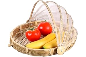 Szetosy, Cestino in bambù intrecciato a mano con copertura in rete, per coprire e servire il cibo, a prova di insetti, antipolvere, per pane, frutta e verdura, Bambù, Stile 3, Dia.30cm