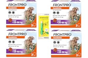 FRONTPRO Kautabletten für Hunde 25-50 kg 12-Monats-Set zum Schutz gegen Zecken und Flöhe mit Zeckenzange: Schützt bis zu 12 Monate