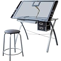 Stationery Island SABA-TP Zeichentisch. Kippbarer Tisch Aus Gehärtetem Glas Mit Stauraum, Hocker Und Klammern. Für Kunst…