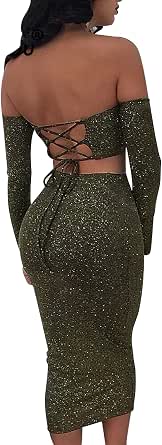 Set da donna a maniche lunghe, abito da sera verde glitter, vestito estivo  stagione, (verde glitterato) multicolore S : Amazon.it: Abbigliamento