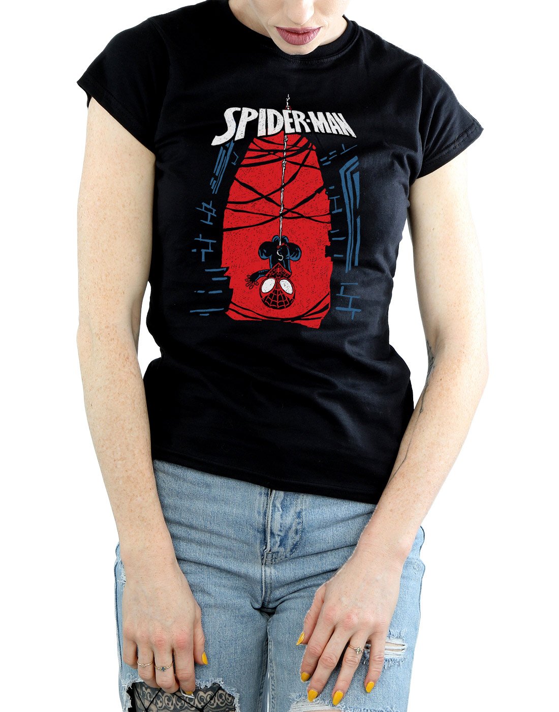 Marvel-Damen-Spider-Man-Hanging-Sketch-T-Shirt-Small-Schwarz