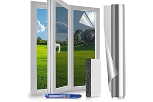 CHINGCOO Film Fenetre Anti Regard - 60x200 cm - Anti Chaleur Anti UV, Film Miroir pour Fenetre avec Kit de Pose, Protection de la Vie Privée, Protection Solaire, pour Fenêtr Maison Bureau Magasin, Argenté