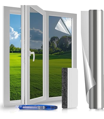 Cover Window Film UV-bescherming met Rakel, Zonwering voor Binnen of Buitenraam Plakfolie, Zelfklevende Folie, Spiegelfolie, Zilveren Reflecterende Zonwerende Raamfolie Anti Inkijk (30x200