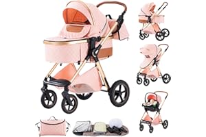 BEBBY Kinderwagen 3 in 1,Kinderwagen Buggy Mit Babyschale,Mit Höhenverstellbarer buggy Komplettset Faltbare tragbare,Buggys Mit Aluminiumrahmen für Neugeborene 0 bis 3 Jahre (Pink-6, H2)