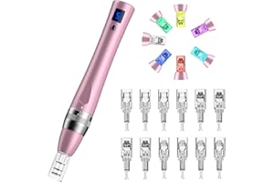 Robofun Stylo Beauté Microneedling avec 7 Lumières, Électrique Microneedling avec 12 Cartouches & 5 Vitesses pour Soin Visage & Corps, Conception Sans Fil et Rechargeable