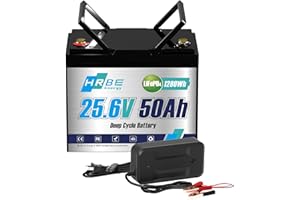 HRBEENERGY 24V 50AH LiFePO4 Batteria 1 Pack, BMS integrato 50A e celle di grado A, 24V batteria ricaricabile al litio ferro fosfato, 4000-15000 cicli profondi per RV, Solare,Motore da traino，Barca