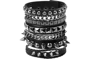 Eigso 3 Pcs Black Wide Studded Spikes Studded Cool Punk Steampunk 80s Theme Retro Bracelets for Men and Women with Adjustable Buckle