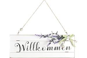 com-four® "Willkommen Appendiabiti per Porta - Cartello per Porta in Legno da Appendere con Fiori Artificiali, Fiocco e Perline di Legno - Appendiabiti per Primavera, Pasqua (01 Pezzi - Bianco/Nero)