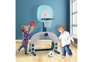 BIRTECH Basketball Hoop Set, 3-in-1 Kids Basketball Stand Sports Activity Center Adjustable Easy Score Basketball Hoop, Football/Soccer Goal/Ring Toss, Best Gift for Toddlers Kids Boys & Girls
