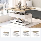 Manora Lift and Extendable Coffee Table, Living Room or Dining Table with Hidden Compartments and Open Shelf, Dimensions: 96
