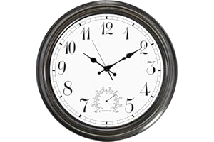 eYotto 16inch Large Garden Clocks Outdoor Waterproof, 40cm Large Wall Clock with Thermometer, Weather-Resistant Non-Ticking Battery Operated Vintage Decor for Patio, Pool, Lanai, Fence, Porch