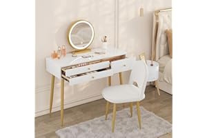 WOLTU Set Tocador con Espejo LED 3 Temperaturas, Taburete de Terciopelo, 3 Cajones de Madera Maciza, 100×40×122 cm, Mesa de Maquillaje Moderna Blanco Champán