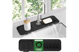 DOLIC Alfombrilla para Grifo de Fregadero de Cocina, Protector contra Salpicaduras de Silicona con Secado rápido y Soporte para Esponja y jabón para Platos (Negro, 17.6"x 5.5")