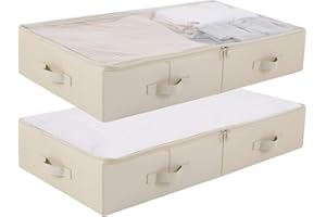 Amonsen Pack of 2, Spacious Visible PVC Lid Underbed Storage Bins for Shoes, Blankets, Sheets Organized, Foldable & Washable, Beige