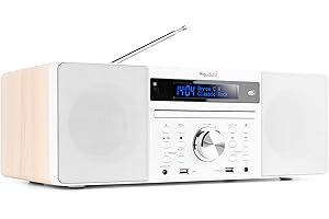 Audizio Prato Radio Dab+ et Lecteur CD avec Technologie sans Fil Bluetooth, Écran LCD, Fonction Horloge et Veille, 2X Port USB, Entrée AUX, Sortie Casque, Télécommande Incluse, Couleur Blanc