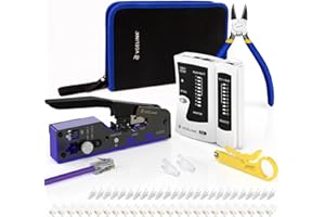 VCELINK Upgraded RJ45 Crimping Tool Kit for CAT7/6A/6/5E/5 with a Pass Through Ethernet Crimper,25 Cat6 RJ45 Connectors & Strain Relief Boots, Cable Tester, Wire Stripper and Cutter in a Cloth Bag