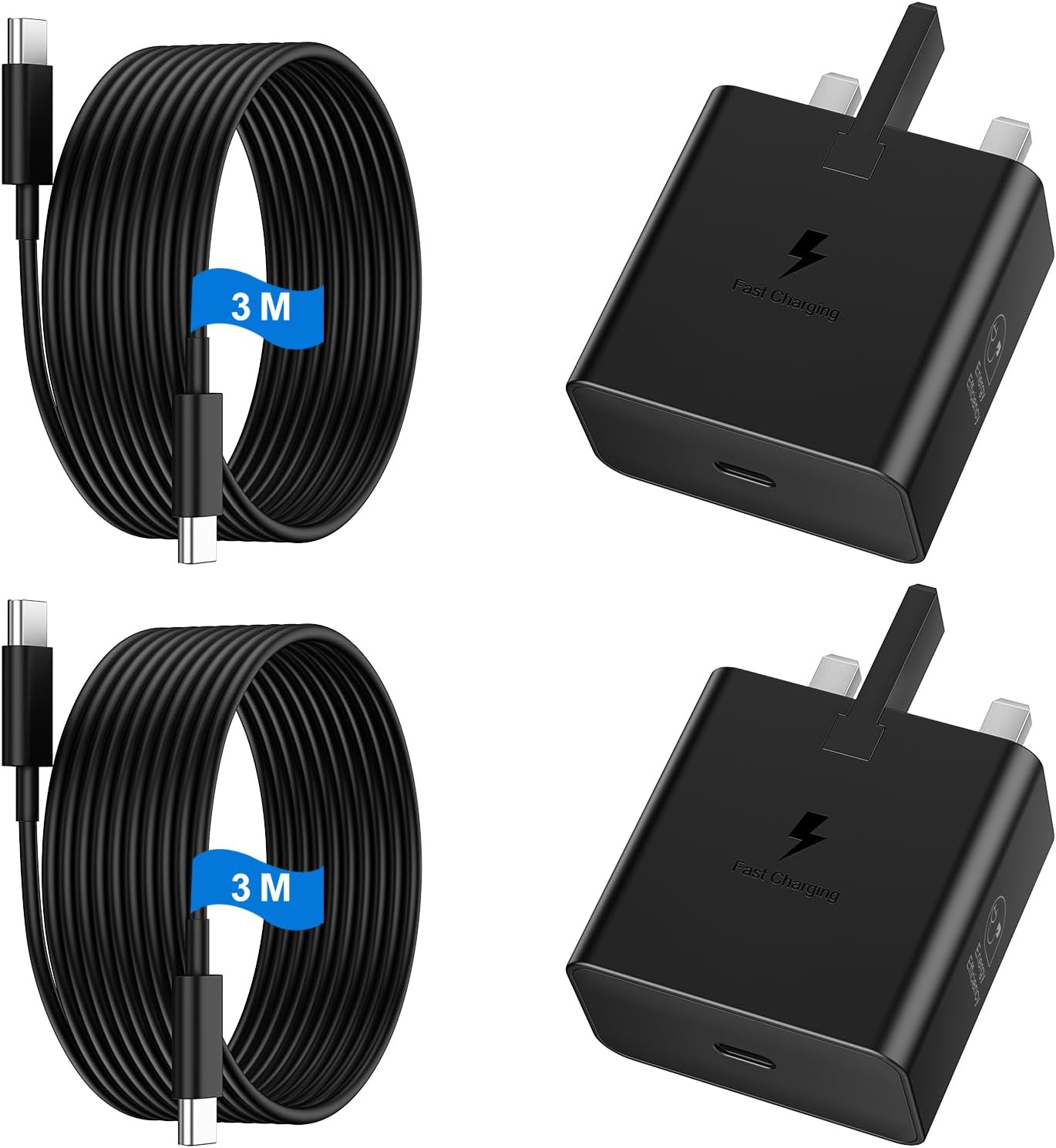 USB C Charger for Samsung Fast Charger USB C Plug & Cable 3M Long 25W Type C Super Fast Phone Charging Android Adaptor UK 2-Pack for Galaxy S26/S25 Ultra/S24/S23/S22/S21/A56/A55/A36/A17/A16/Note 20/10
