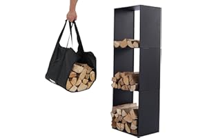 Lendo Online Scaffale per legna da ardere + Borsa per il trasporto, Portolegna, per interni ed esterni, per legna da ardere – deposito legna – nero – metallo (40x28x120cm)