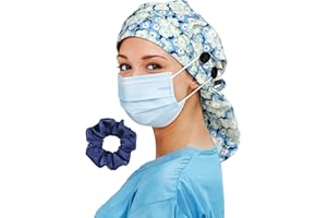 HACHAPY Satin Lined Scrub Cap for Women Extra Large Long Hair Surgical Nurse Cap 4 Buttons