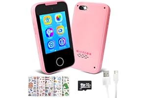 Jirmerp Teléfono móvil para niños, pantalla táctil, juguete con cámara, música y funciones de juego, con adhesivo, tarjeta de memoria de 32 GB (pantalla táctil, rosa)