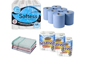 STERLING PRODUCTS HOMESmith 66-Piece Bundle – 45x 3-Ply Blue Toilet Rolls (Fragrance-Free Fresh), 12 Kitchen Rolls, 6 Blue Centrefeed Rolls, 3 Cotton Tea Towels – Household Tissue & Cleaning Set