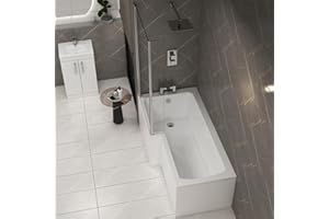 ROYAL BATHROOMS Qubix 1700 x 850mm Left Hand L-Shaped Shower Bath Bathtub with Front & End Panel + Glass Shower Screen Compact Bathroom Solution