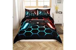 HOMEWISH Spielen Bettbezug 135x200 Spieler Bettbezug für Jungen Mädchen Kinder Teens Weiche Mikrofaser Rot Blau Geometrie Waben Bettwäsche Set Gradient Spiel Controller Bettbezug + 1 Kissenbezug