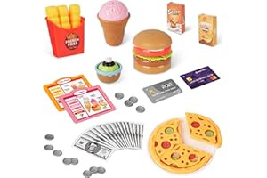 KIZJORYA Registratore di Cassa Giocattolo Accessori per Bambini 3 + Anni, Hamburger Gelato Pizza Cibo Finto Giocattoli per Bambini, Regalo Compleanno per Ragazzo Ragazza 3 4 5 Anni