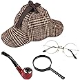 MFUOE 4 Pcs Detective Costume Set Deerstalker Hat Magnifying Glass Pipe Victorian Sherlock Holmes Fancy Dress Accessory for Halloween Costume Party Accessories
