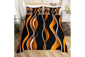 HOMEMISSING Ombre Striped Bedding Set Orange Black Geometric Stripes Duvet Cover for Kids Pastel Gradient Stripes Comforter Cover Swirl Lines Bedspread Cover Bedding Collection 3Pcs Double