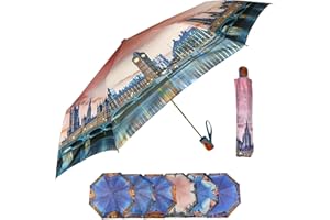 QILZO Damski parasol, składany, automatyczne otwieranie, 30 cm, kompaktowy parasol z włókien, parasol podróżny, wodoszczelny, szybkoschnący, odporny na działanie promieni UV, Londyn, 109 cm