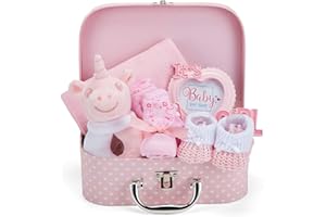 BABY BOX SHOP Baby Geschenkset für Jungen - von Hand Verpacktes Baby Geschenk Junge in Erinnerungskiste - Geschenkset Baby mit Weicher Spielzeugrassel, Fotorahmen, Mullwindel, Lätzchen, Socken, Handschuhe & Mütze