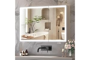 Buildonely Szafka łazienkowa z lustrem z oświetleniem, 90 x 60 cm, szafka łazienkowa z funkcją zapobiegającą zaparowaniu, sterowanie ekranem dotykowym, stop aluminium, zmontowana