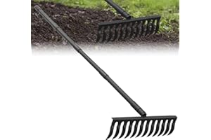 ABTOOL Rastrillo de arco de metal para jardín con mango ajustable de 60 pulgadas de largo, rastrillos de roca de paja de 17 pulgadas de ancho para jardinería, nivelación de césped, aflojar el suelo, recoger