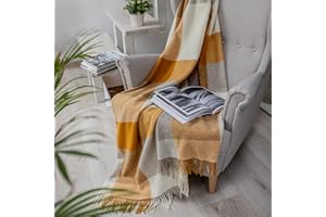 Linen & Cotton Luxus Stilvolle Decke, Tagesdecke, Wolldecke Devon - 100% Neuseeland-Wolle (140 x 200cm, Senfgelb)