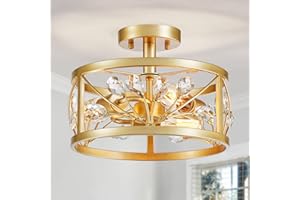 WUZUPS Lustre Feuille de Cristal 3 Lumières Vintage Ferme Industriel Semi-Encastré Plafonnier Luminaire Moderne Foyer Couloir Salle de Rangement Cuisine Salle de bain, H 22 L 30, Or