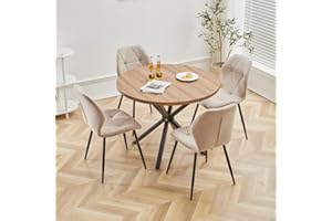 GrandCA HOME Juego de Mesa y Sillas de Comedor, Mesa de Comedor Redonda de 100 CM y 4 Sillas Modernas de Lino, para Comedor, Cocina, Sala de Estar (Oscuro + Caqui)