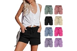 MJIQING Shorts Damen Sommer Leinen Musselin Kurze Hose Beach Shorts Mit Taschen Mode Lässige Stoffhose Freizeit Shorts hoher Taille Stretch Gerades Bein Sport Shorts mit Kordelzug Leinenhose